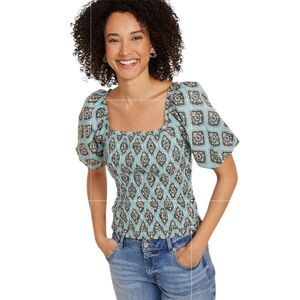 NWT Maurices Medallion Smocked Puff Sleeve Blouse Blue Sz L